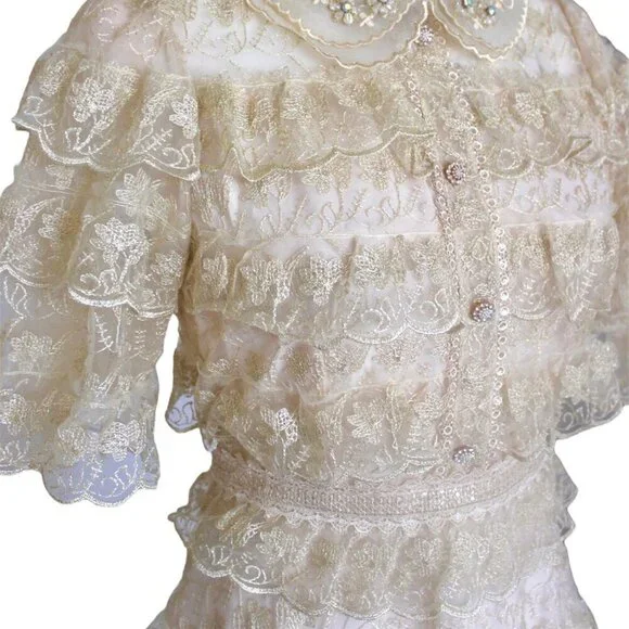 Lace Tiered Mini Dress in cream Christmas/New Year's Party Dress - Picture 3 of 5